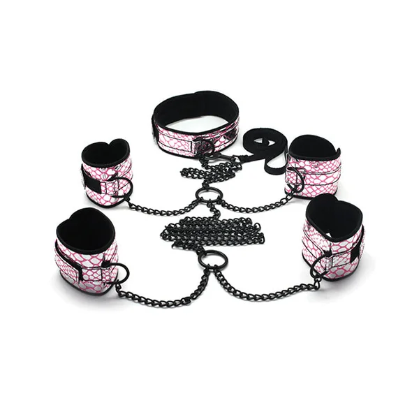 Spartacus Faux Leather Collar To Wrist & Ankle Restraints Bondage Kit W-leash - Pink