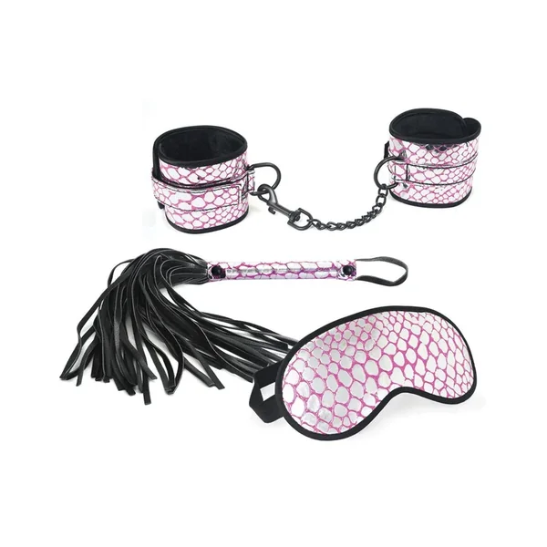 Spartacus Faux Leather Wrist Restraints Blindfold & Flogger Bondage Kit – Pink