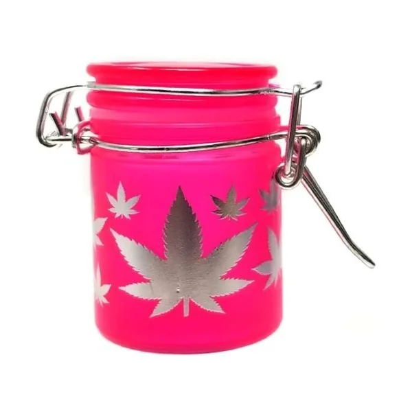 Stash Jar Mini Frosted Neon Pink/Silver Leaves