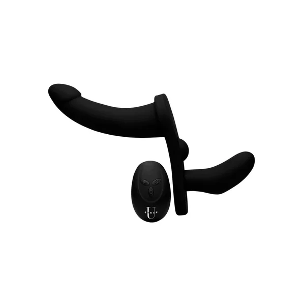 Strap U Double Take Double Penetration Rechargeable Silicone Vibrating Strap-on Harness with Remote Control – Black