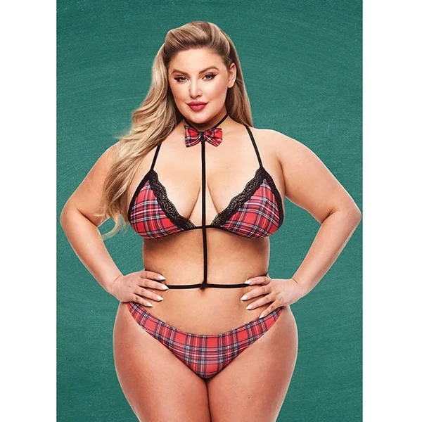 Teacher’s Pet Baddie Schoolgirl Top w/Bow Tie & Panty Red/Black QN