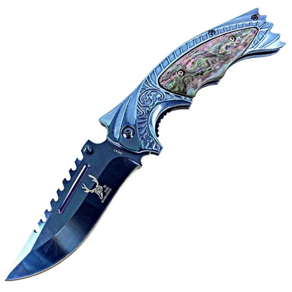 TheBoneEdge 8.5″ Spring Assisted Knife with Ridged Top Edge Blue