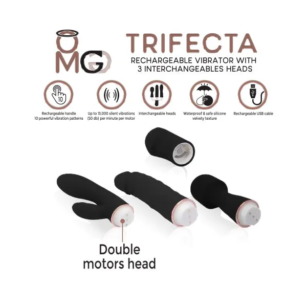 TRIFECTA RECHARGEABLE VIBRATOR W/ 3 INTERCHANGEABLE HEADS BLACK