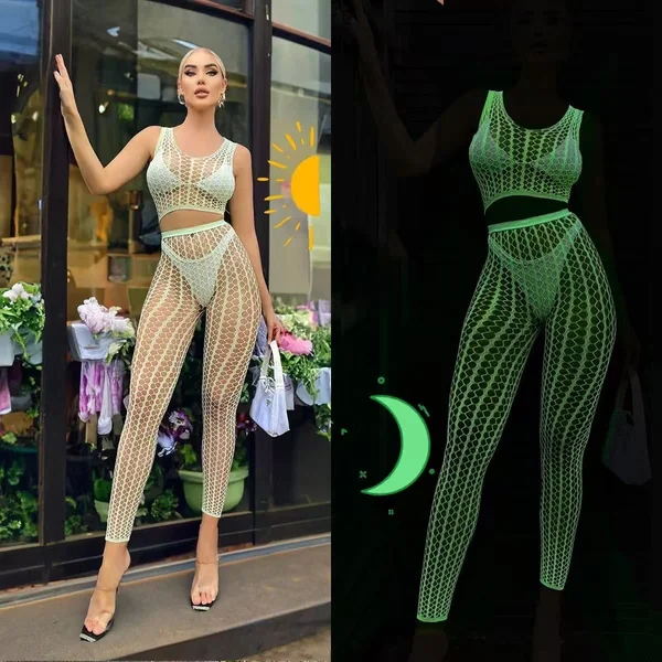 Two (2) Piece Glow In Dark Fishnet Pants Set -#002 -