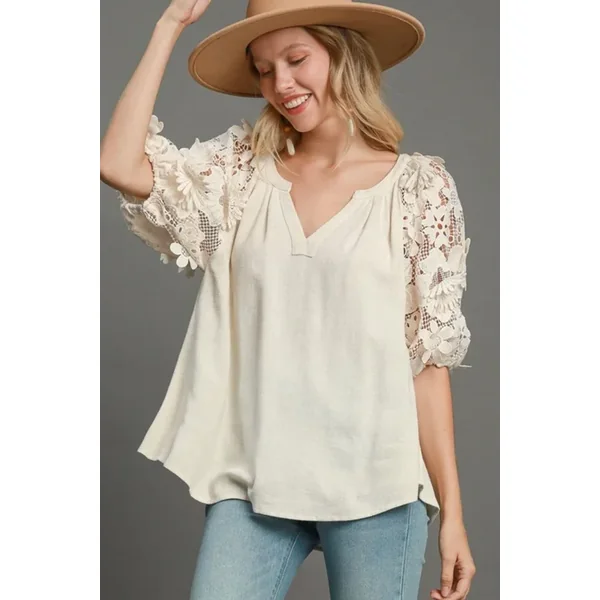 Umgee Full Size French Terry Boxy Cut Top with 3D Floral Sleeve Plus Size