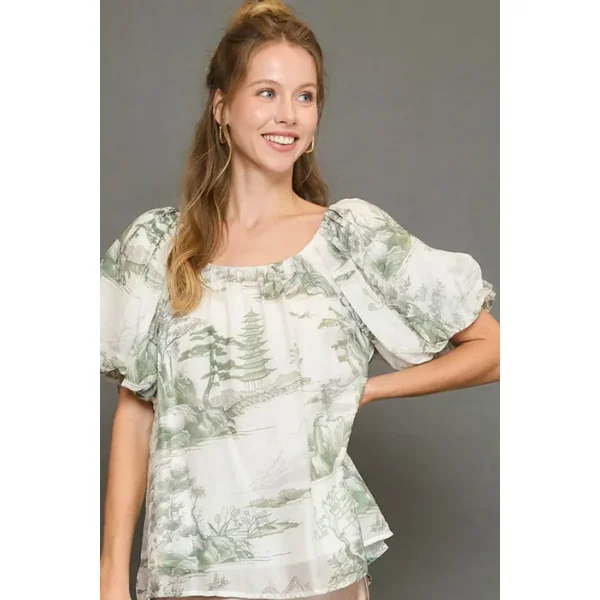 Umgee Full Size Two Tone Toile Print Top Plus Size