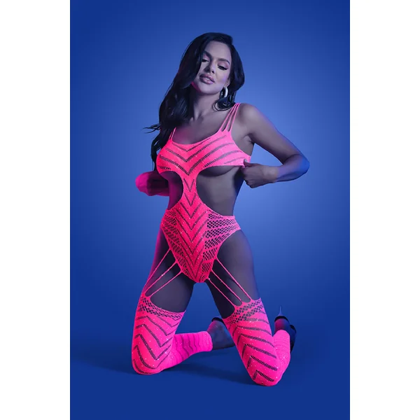 Wavelength Cutout Rhinestone Teddy Bodystocking - One Size - Neon Pink