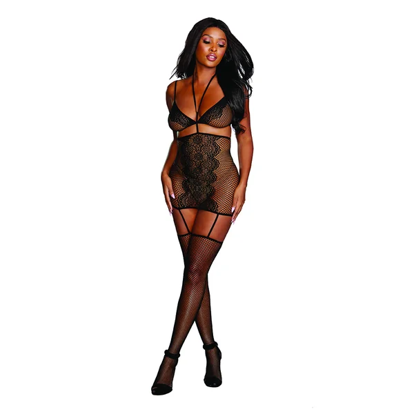 (WD) FISHNET & LACE 2PC GARTER DRESS BLACK O/S