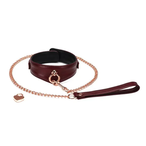 Wine Red Collection Leather Curved Collar with Leash & Lock