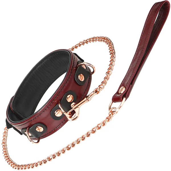 Wine Red Leather Collar With Rose Gold Chain Leash By Liebe Seele