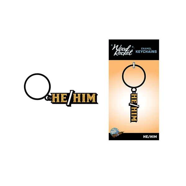 Wood Rocket He/Him Keychain – Black/Gold