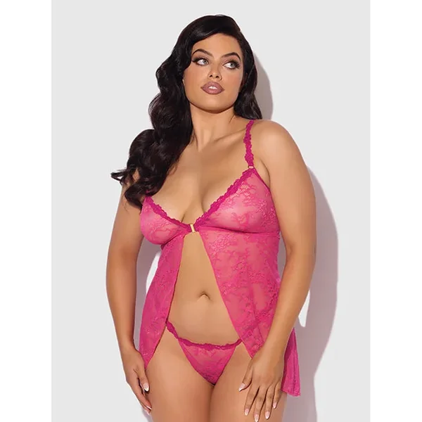 Yvone Lace Babydoll w/Front Closure & G-String 2 pc Set – Pink 1X/2X